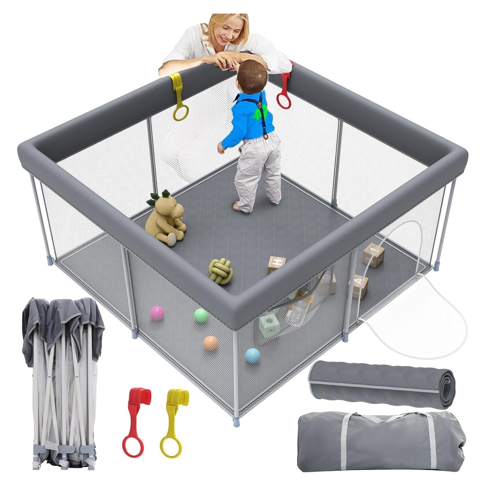 Parque Infantil Plegable WEKSI Gris 127x127 cm con Alfombra