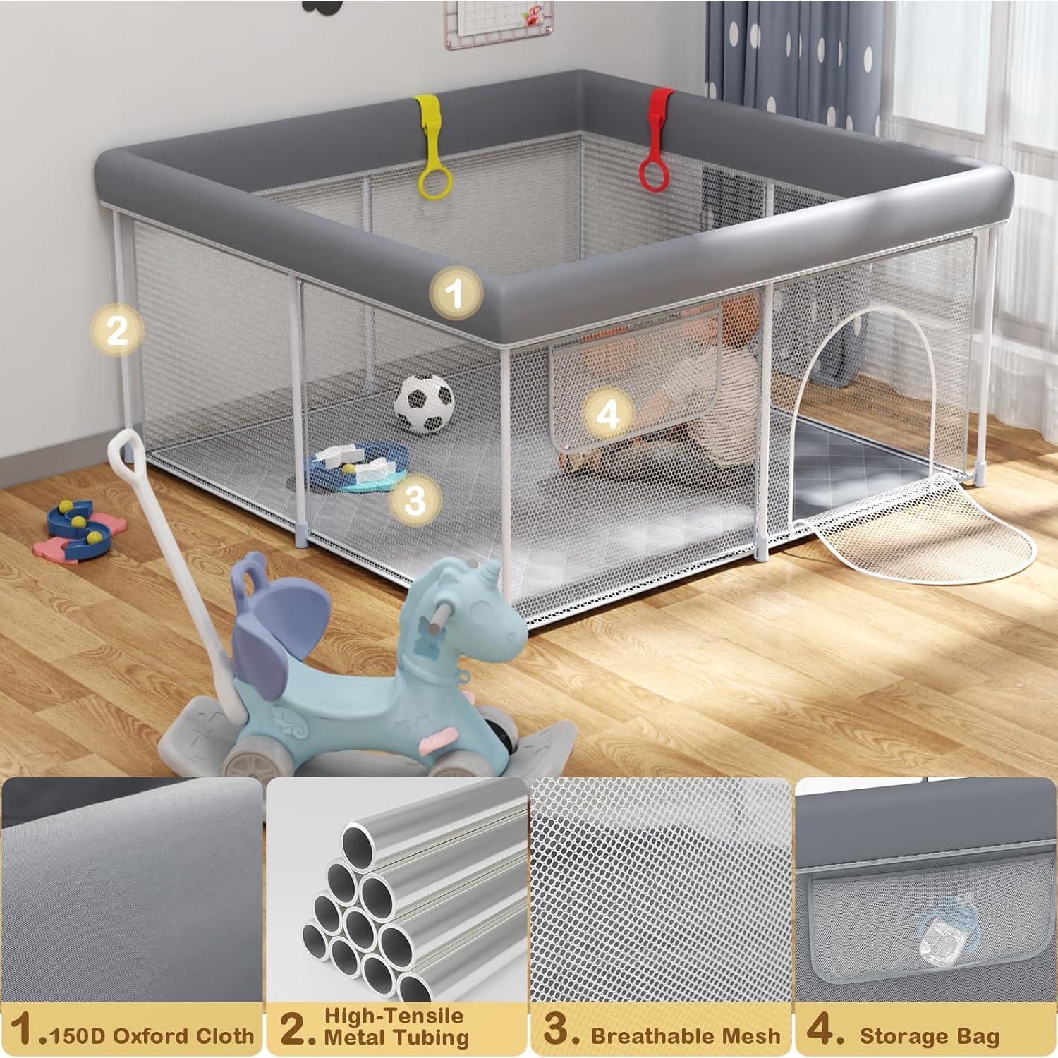 Parque Infantil Plegable WEKSI Gris 127x127 cm con Alfombra