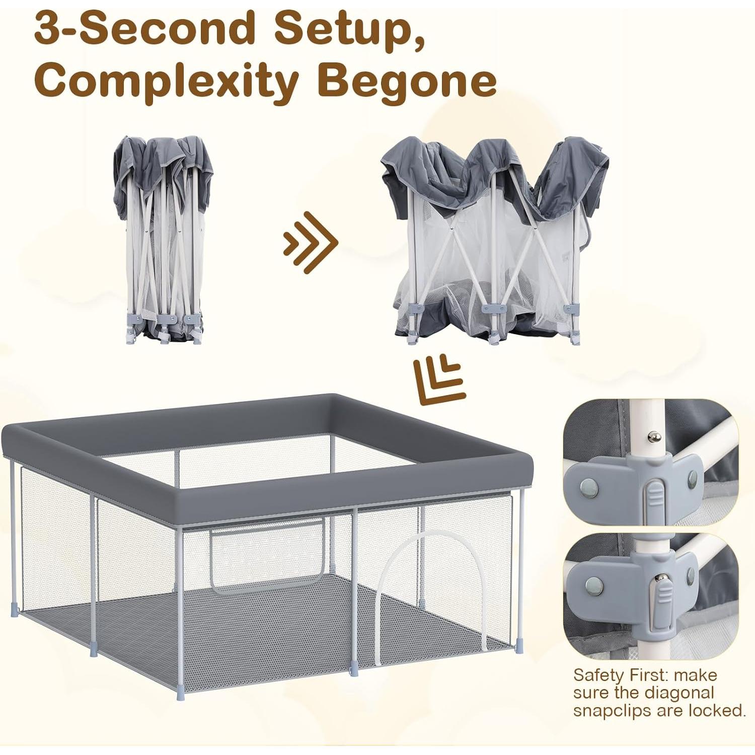 Parque Infantil Plegable WEKSI Gris 127x127 cm con Alfombra