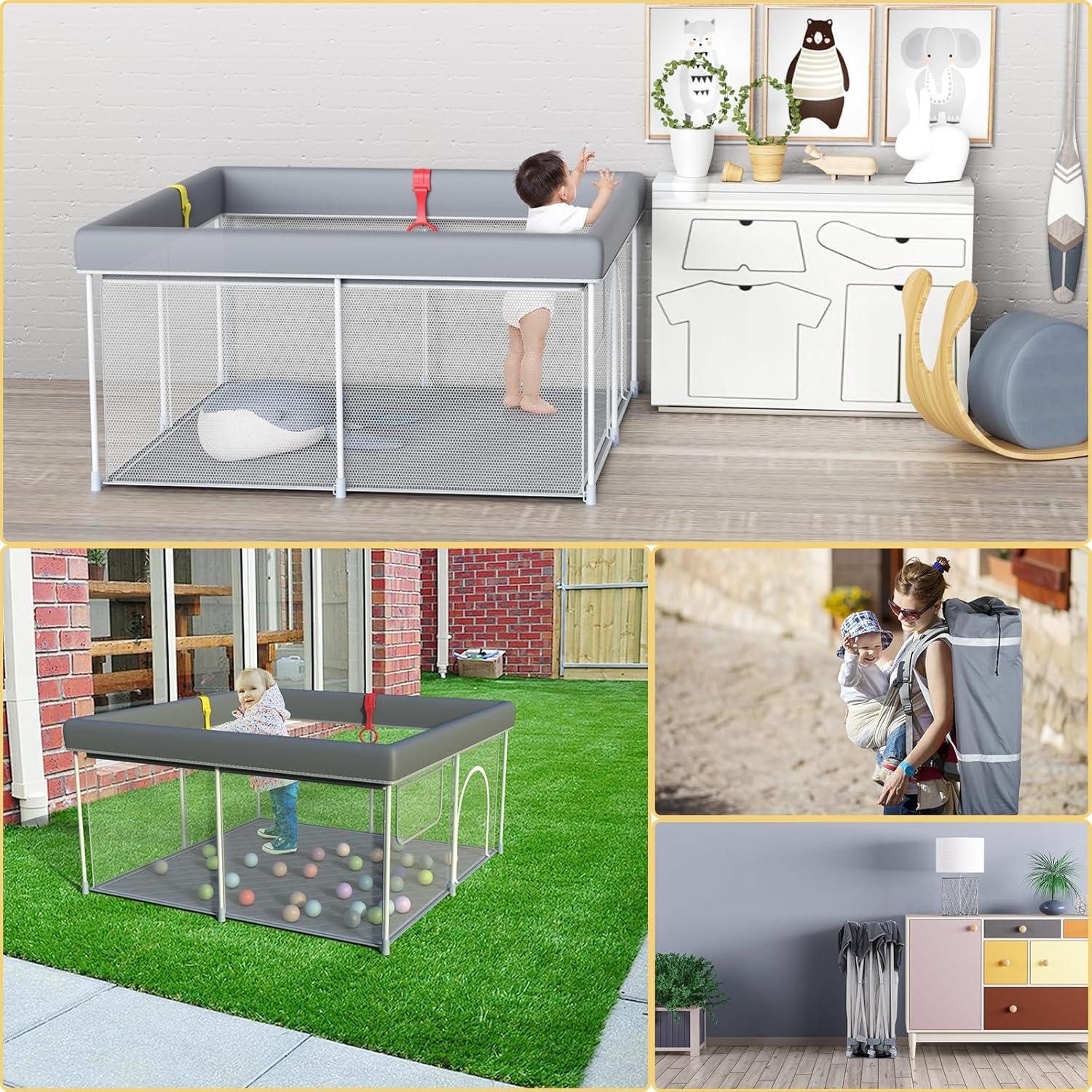 Parque Infantil Plegable WEKSI Gris 127x127 cm con Alfombra