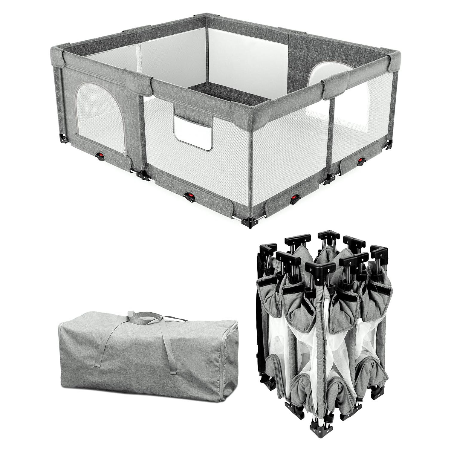 Parque Infantil Plegable Dearlomum Gris 180x150cm con Alfombra