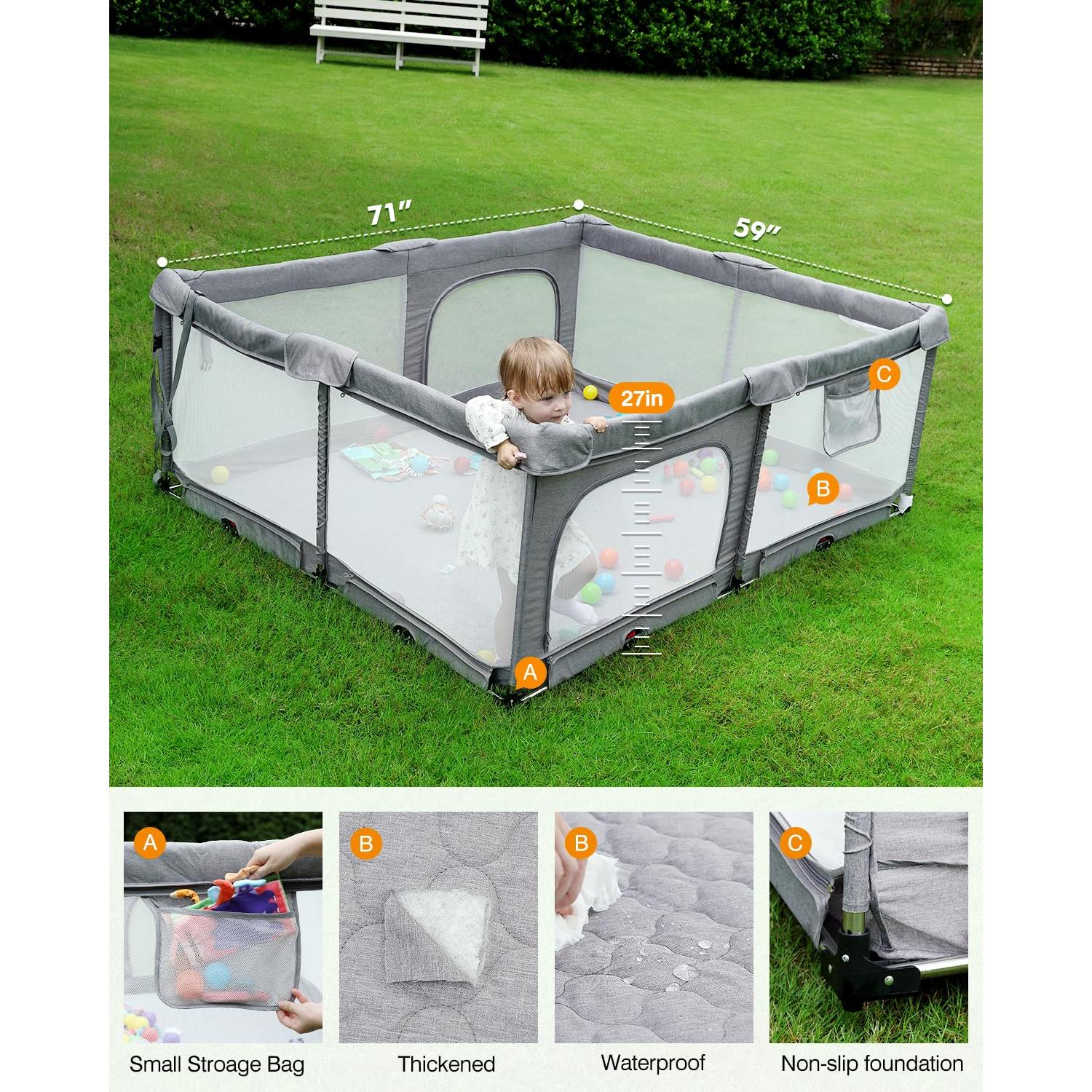 Parque Infantil Plegable Dearlomum Gris 180x150cm con Alfombra