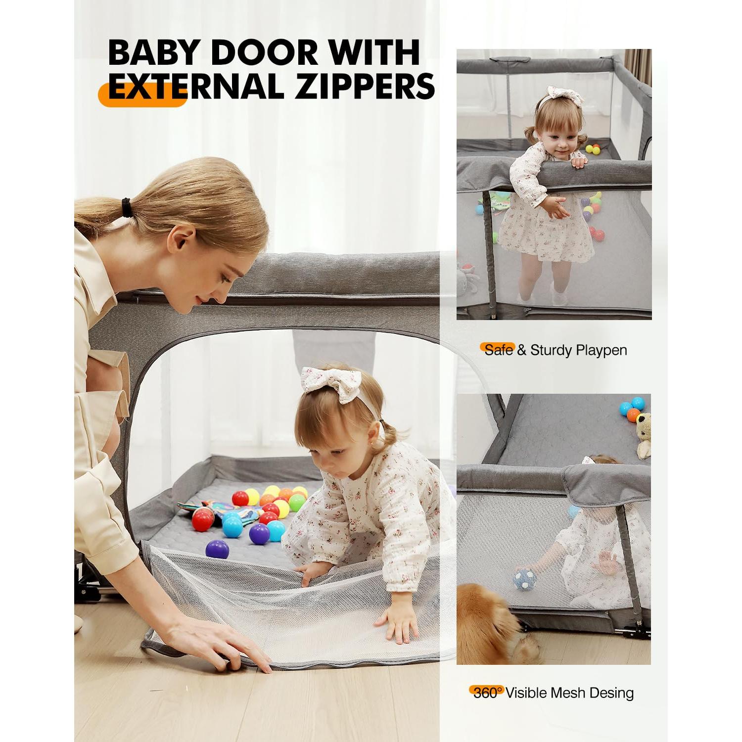 Parque Infantil Plegable Dearlomum Gris 180x150cm con Alfombra