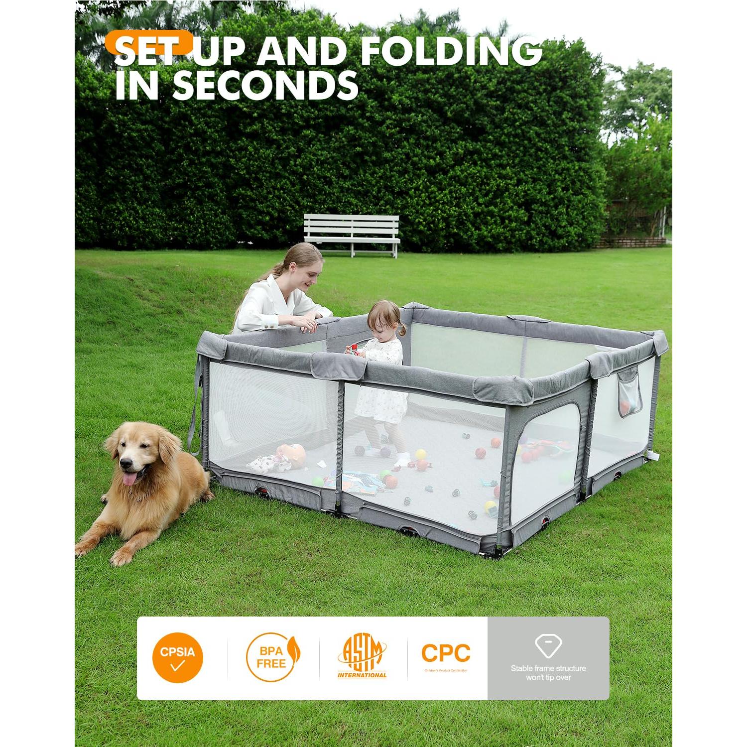 Parque Infantil Plegable Dearlomum Gris 180x150cm con Alfombra