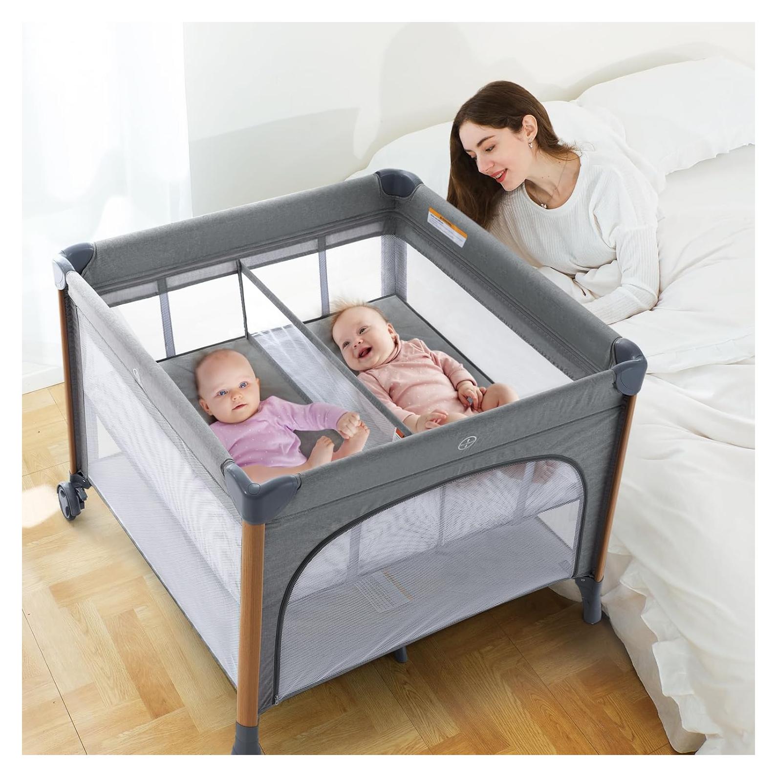 Cuna portátil gemelar Okaytwins T-711 gris 114.3x114.3 cm