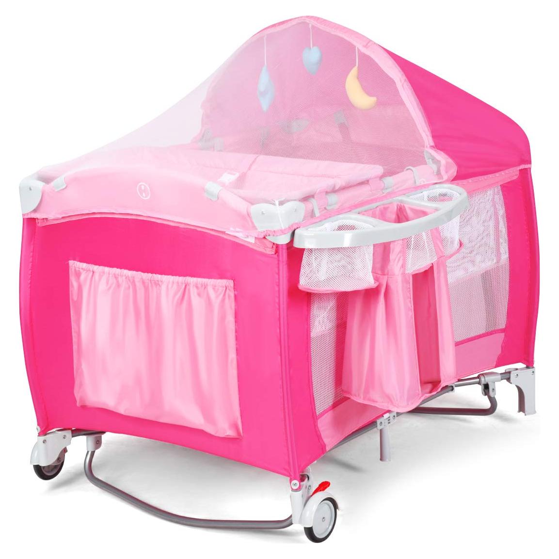 Cuna Plegable Costzon 4 en 1 Rosa con Dosel y Caja de Música