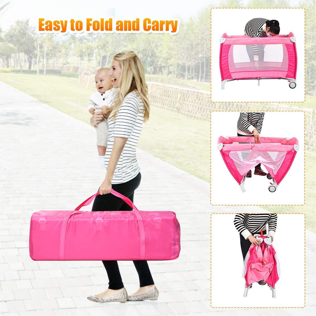 Cuna Plegable Costzon 4 en 1 Rosa con Dosel y Caja de Música