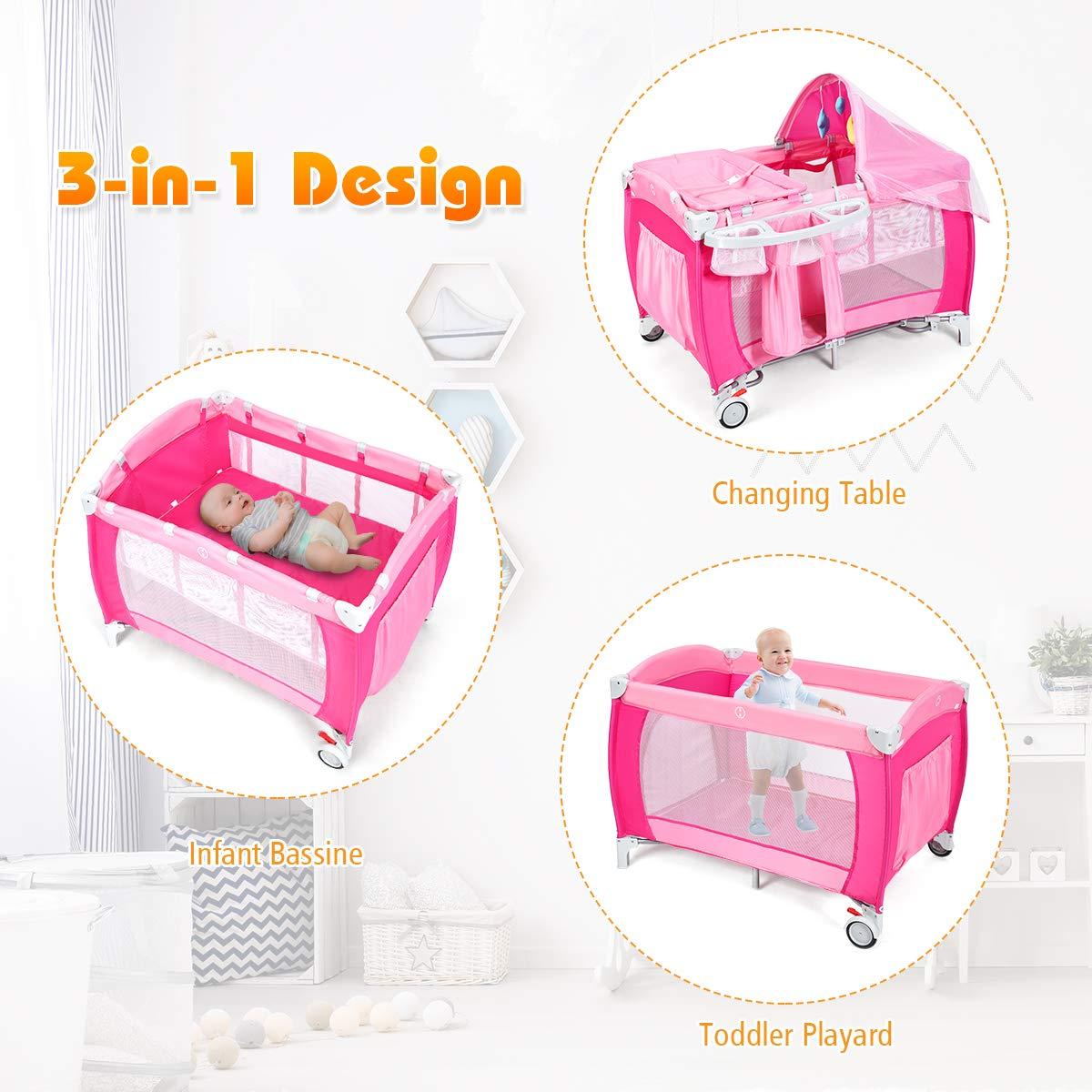 Cuna Plegable Costzon 4 en 1 Rosa con Dosel y Caja de Música