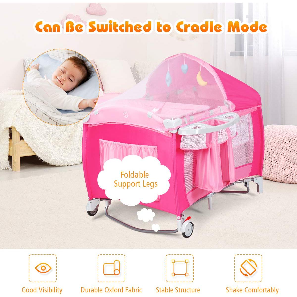 Cuna Plegable Costzon 4 en 1 Rosa con Dosel y Caja de Música