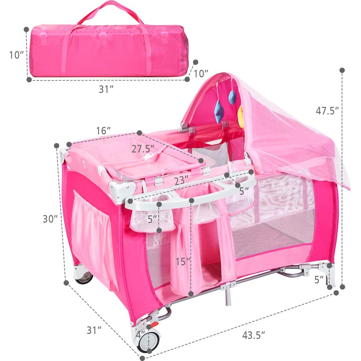 Cuna Plegable Costzon 4 en 1 Rosa con Dosel y Caja de Música