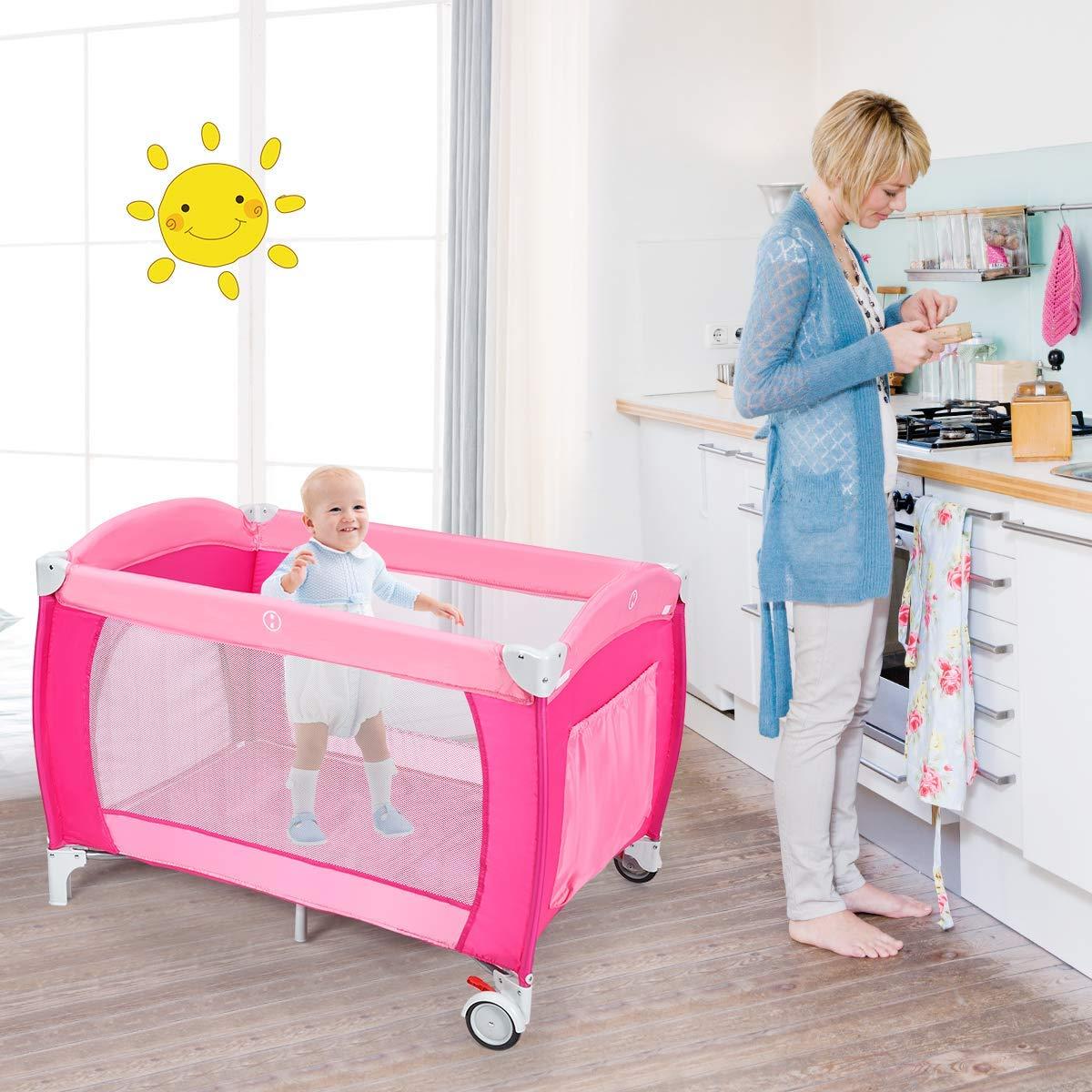 Cuna Plegable Costzon 4 en 1 Rosa con Dosel y Caja de Música