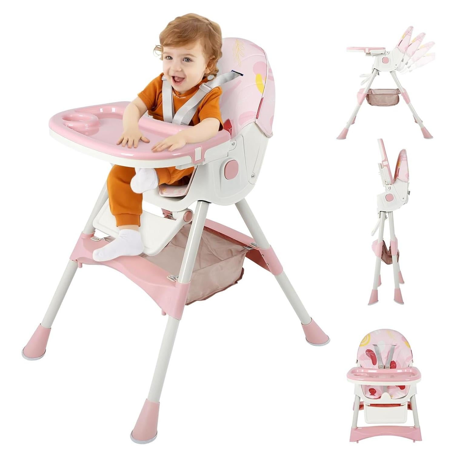 Silla Alta Plegable 6-en-1 para Bebés Rosa - Ajustable y Segura