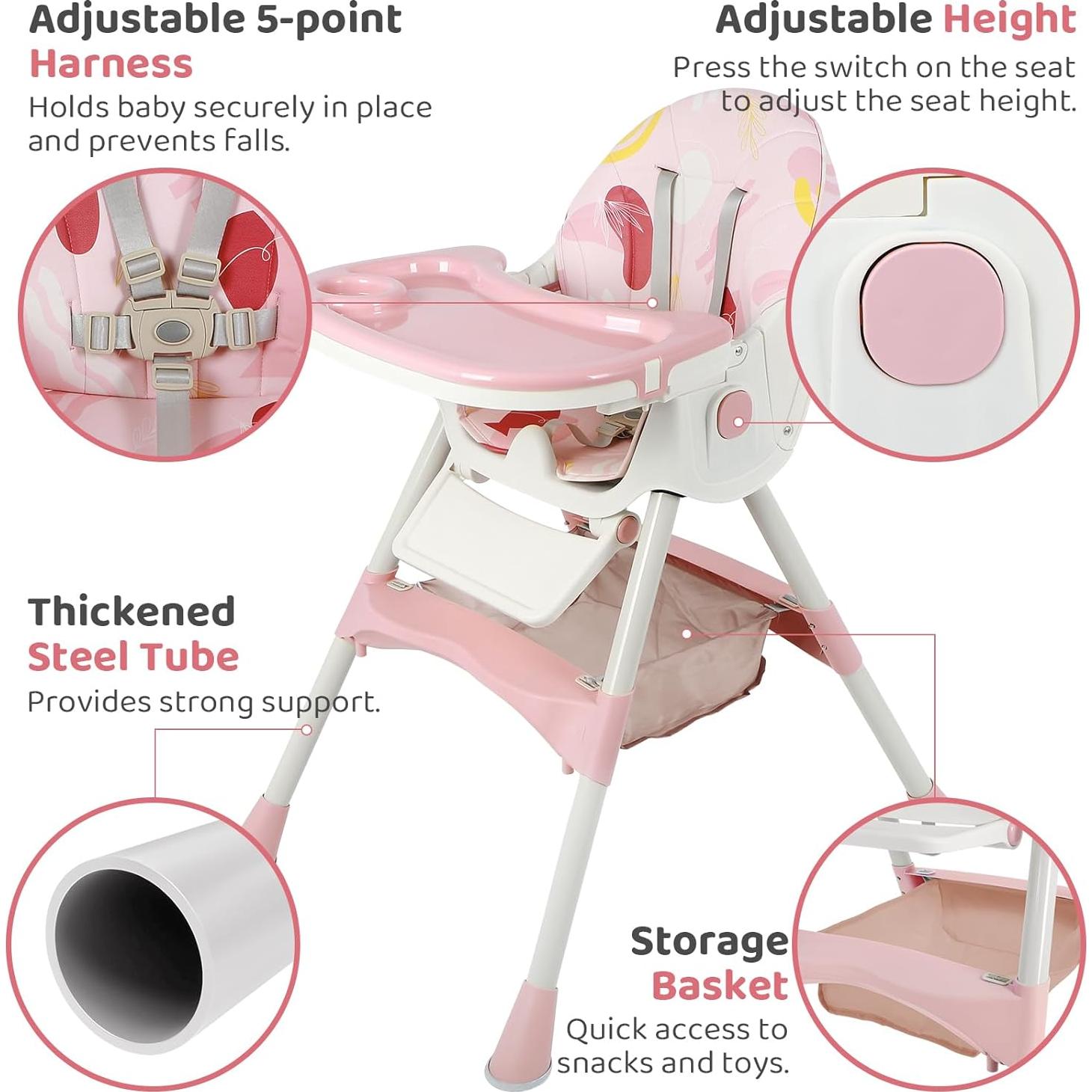 Silla Alta Plegable 6-en-1 para Bebés Rosa - Ajustable y Segura