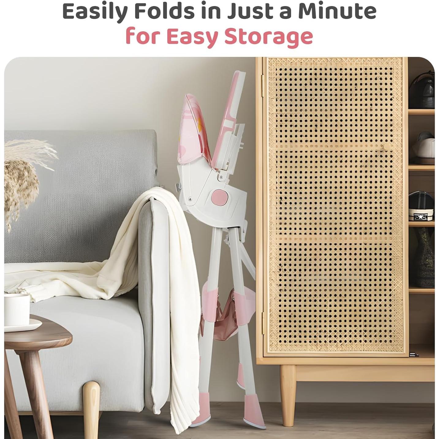 Silla Alta Plegable 6-en-1 para Bebés Rosa - Ajustable y Segura