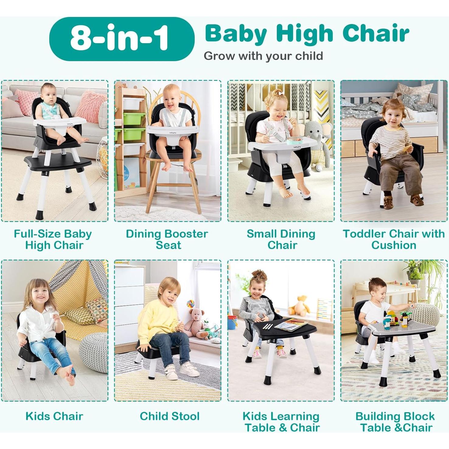 Silla Alta Convertible 8 en 1 BABY JOY - Asiento Elevador Negro