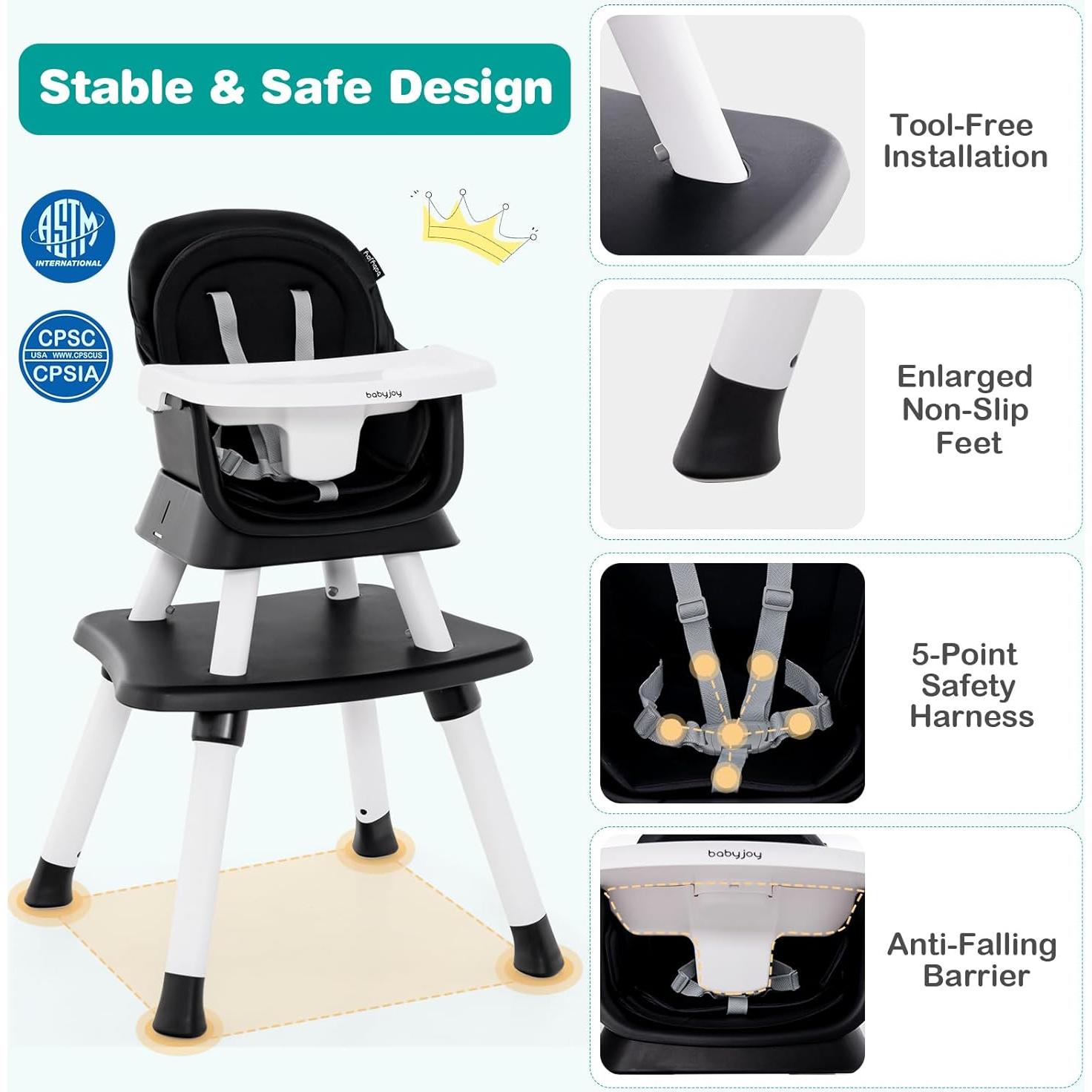 Silla Alta Convertible 8 en 1 BABY JOY - Asiento Elevador Negro