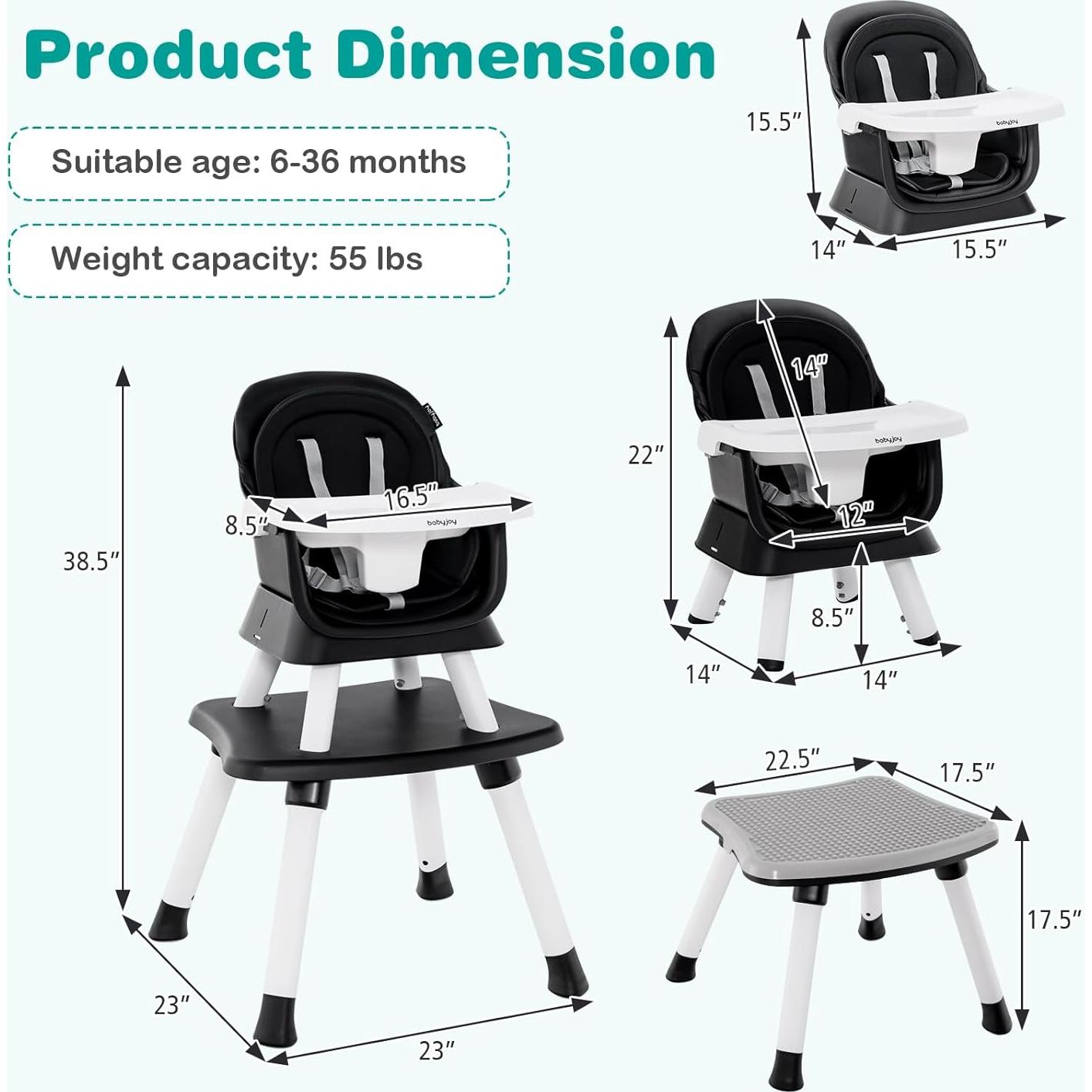 Silla Alta Convertible 8 en 1 BABY JOY - Asiento Elevador Negro