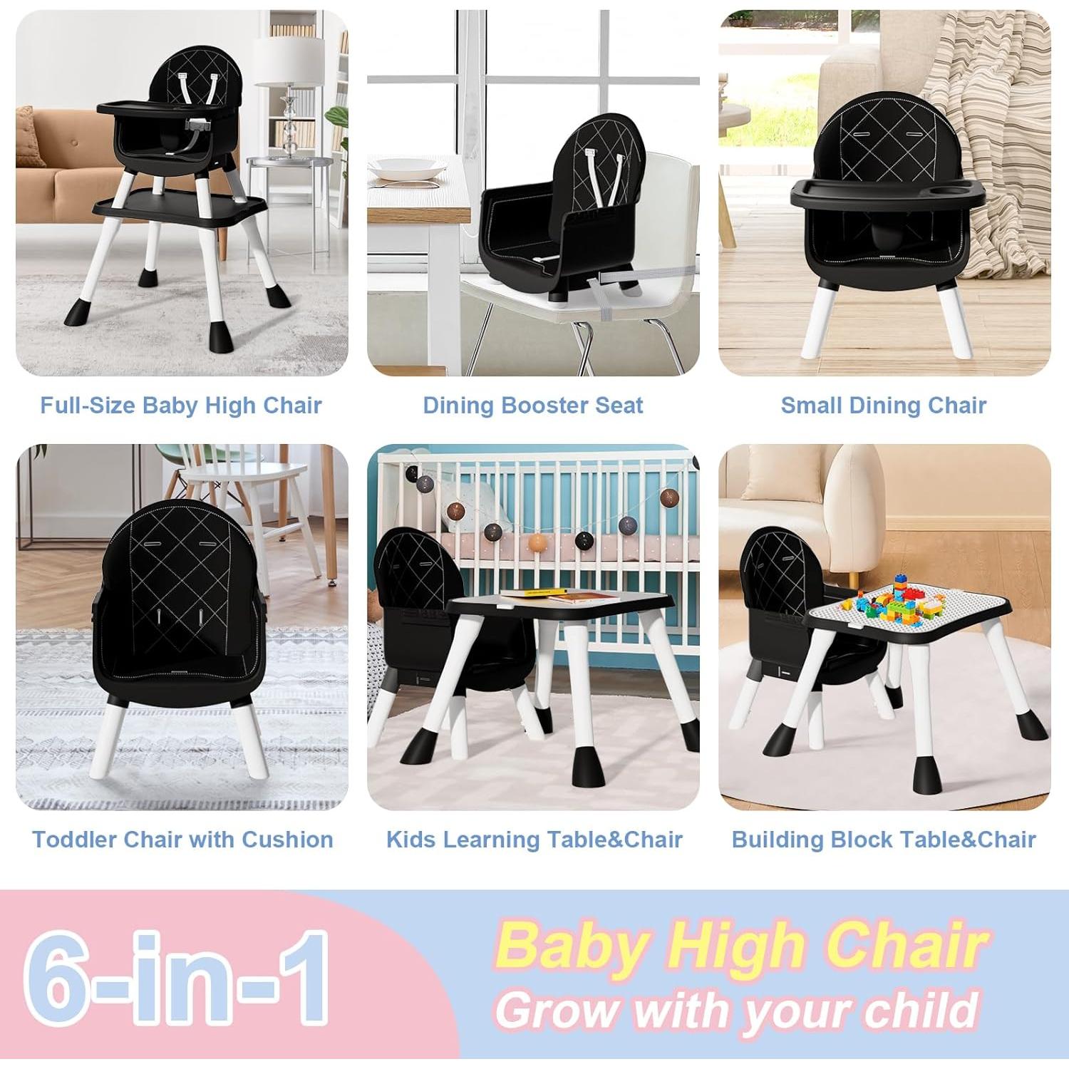 Silla Alta Convertible 6 en 1 para Bebés y Niños - Negro