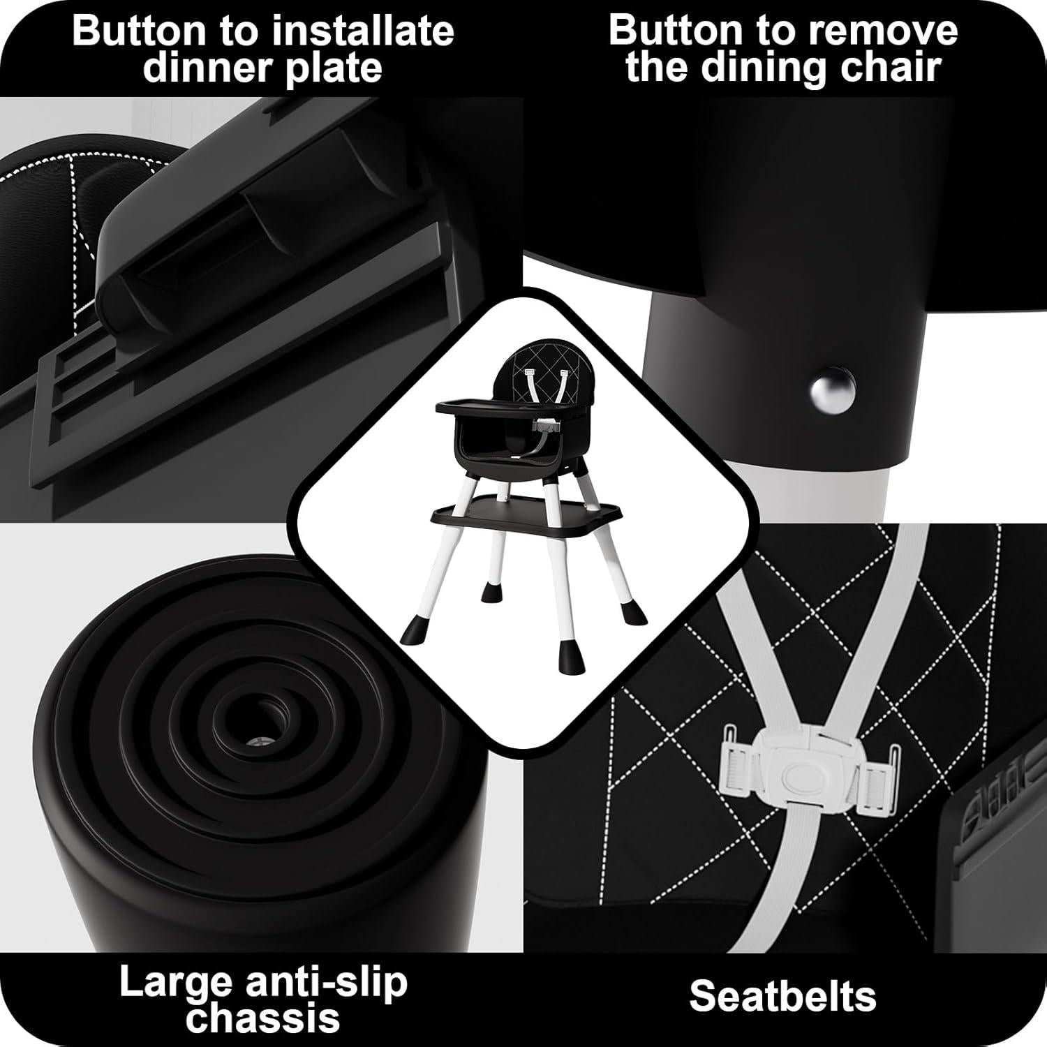 Silla Alta Convertible 6 en 1 para Bebés y Niños - Negro