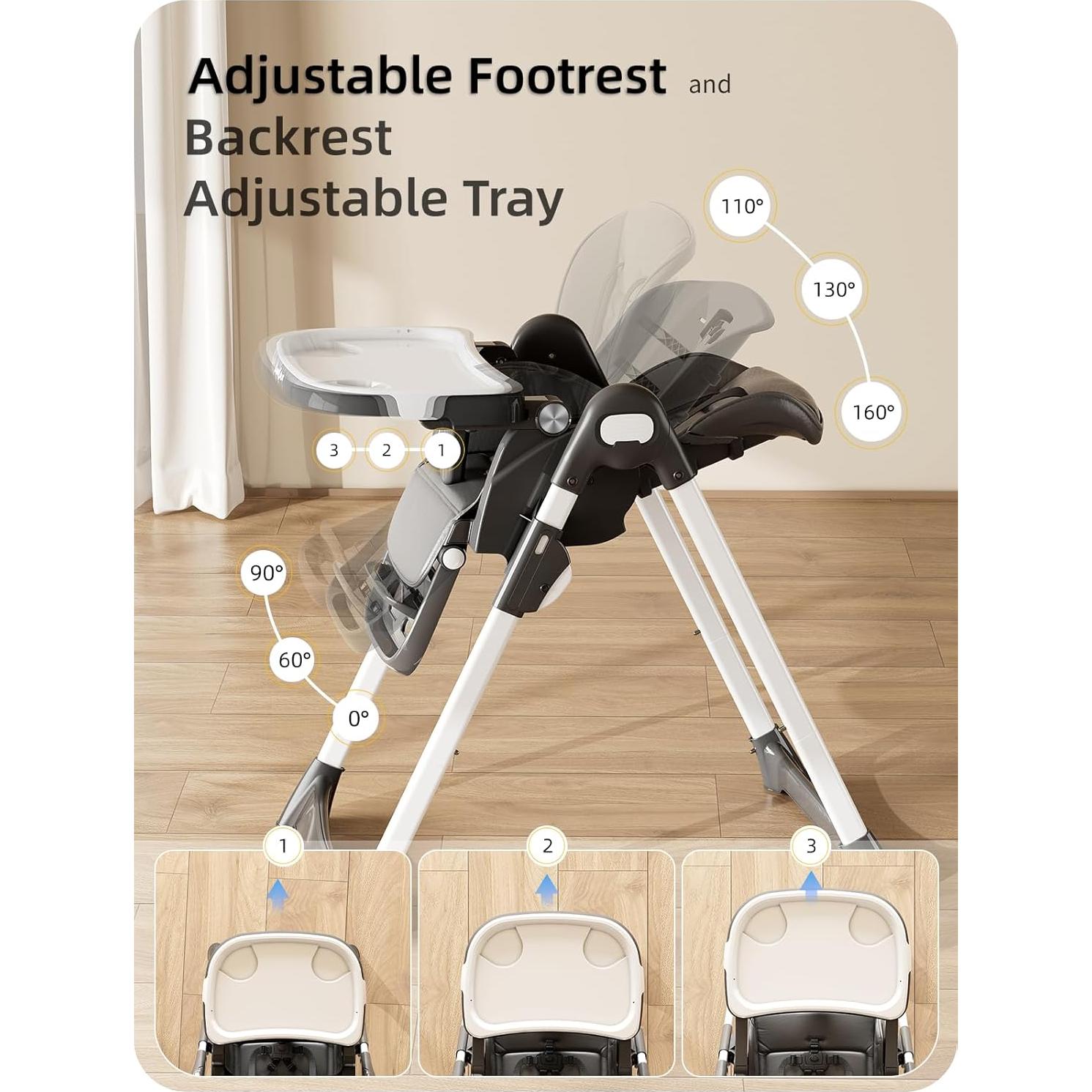 Silla Alta Plegable para Bebés y Niños con Bandeja Ajustable Negra