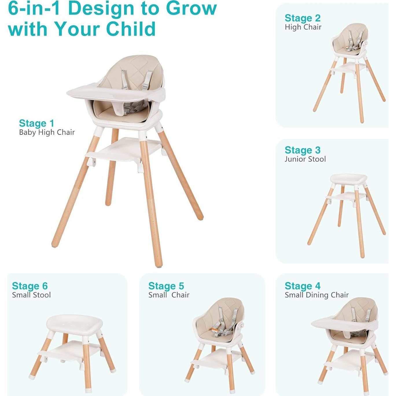 Silla Alta para Bebés Komcot 6 en 1 Beige, Madera y Plástico