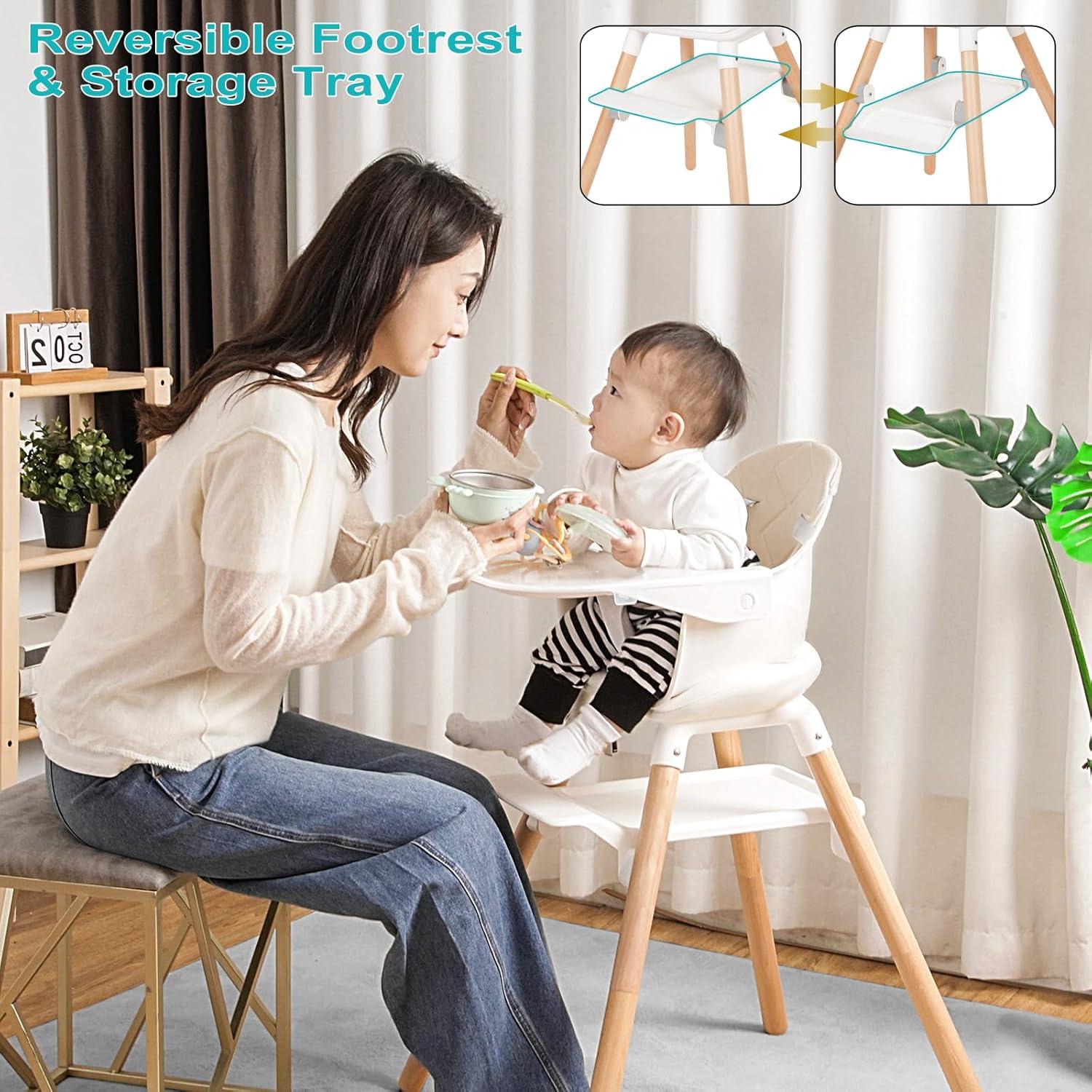 Silla Alta para Bebés Komcot 6 en 1 Beige, Madera y Plástico