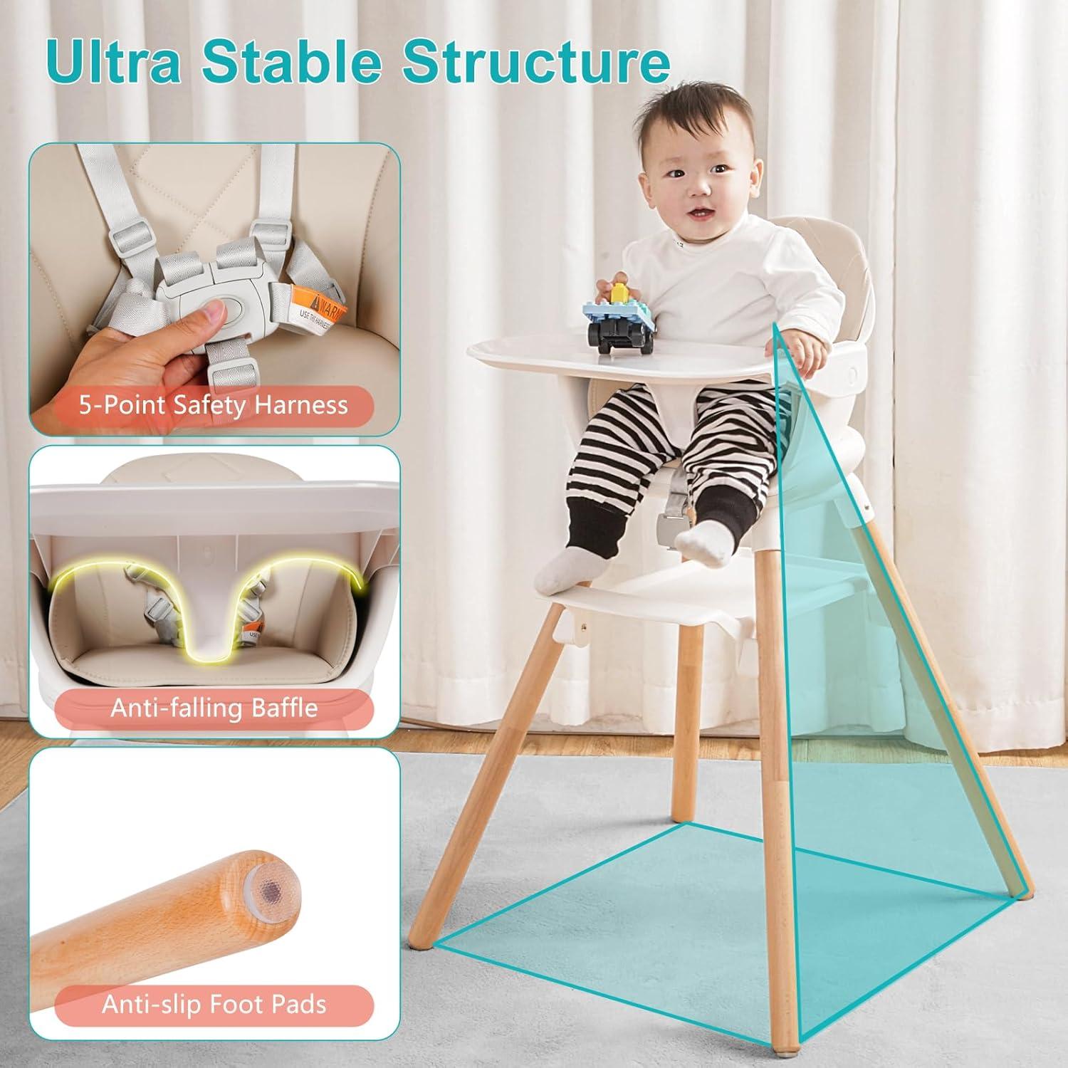 Silla Alta para Bebés Komcot 6 en 1 Beige, Madera y Plástico