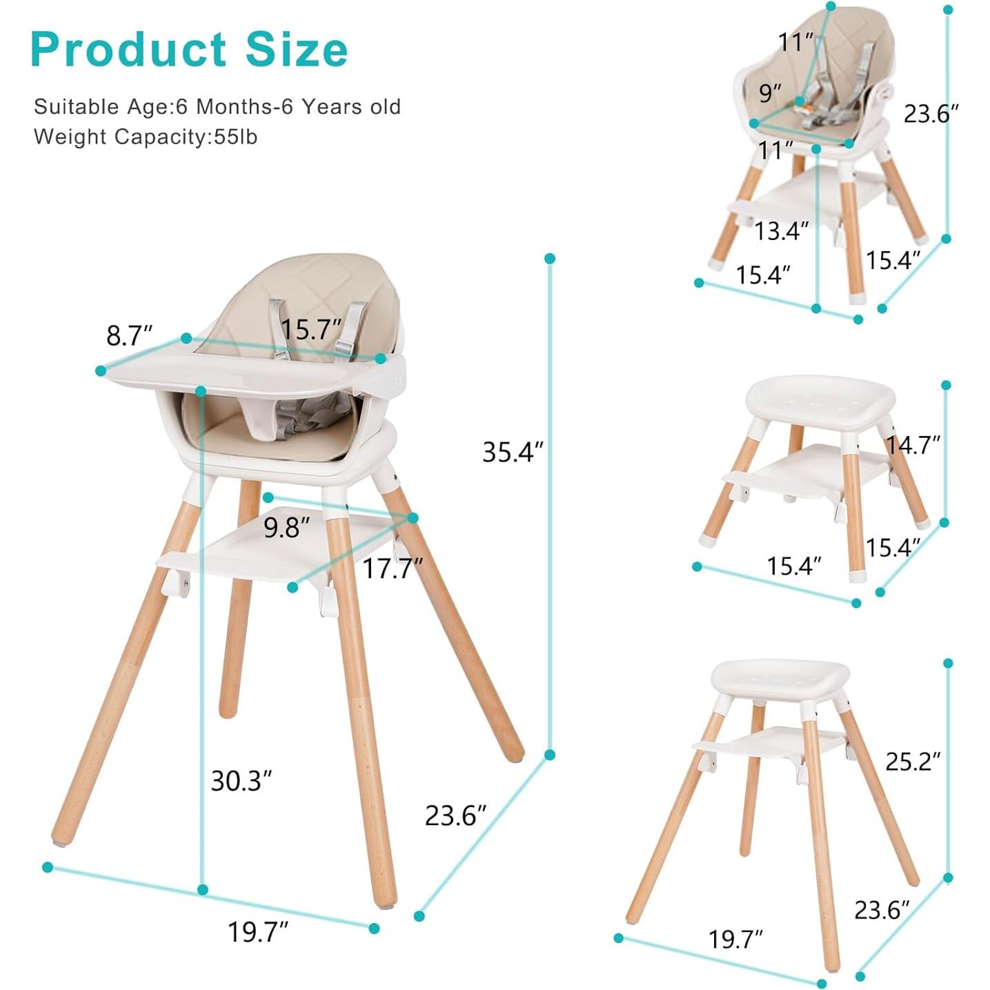 Silla Alta para Bebés Komcot 6 en 1 Beige, Madera y Plástico