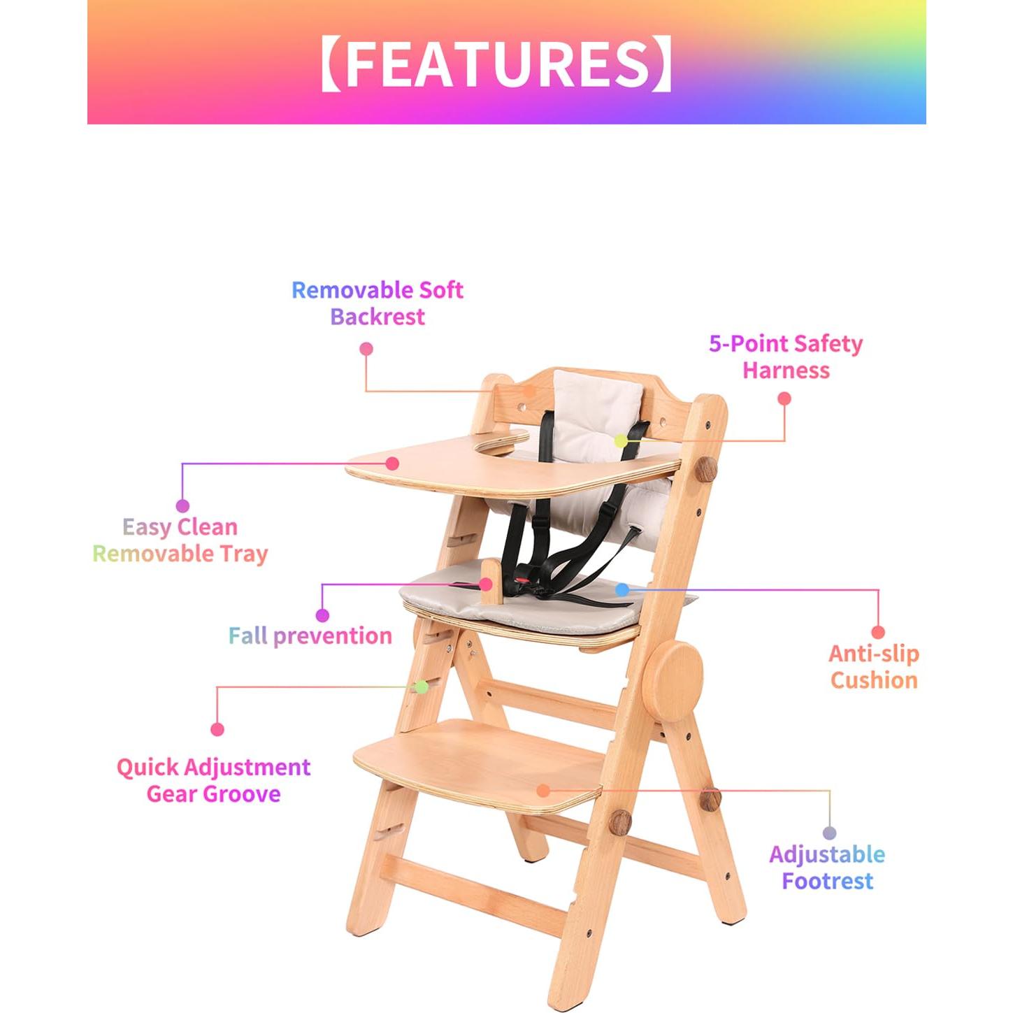 Silla Alta de Madera AIMOADO para Bebés con Bandeja Ajustable