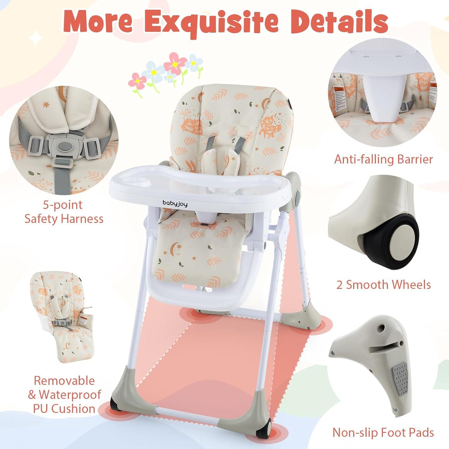 Silla Alta Convertible Baby Joy Beige Bosque, Ajustable y Portátil