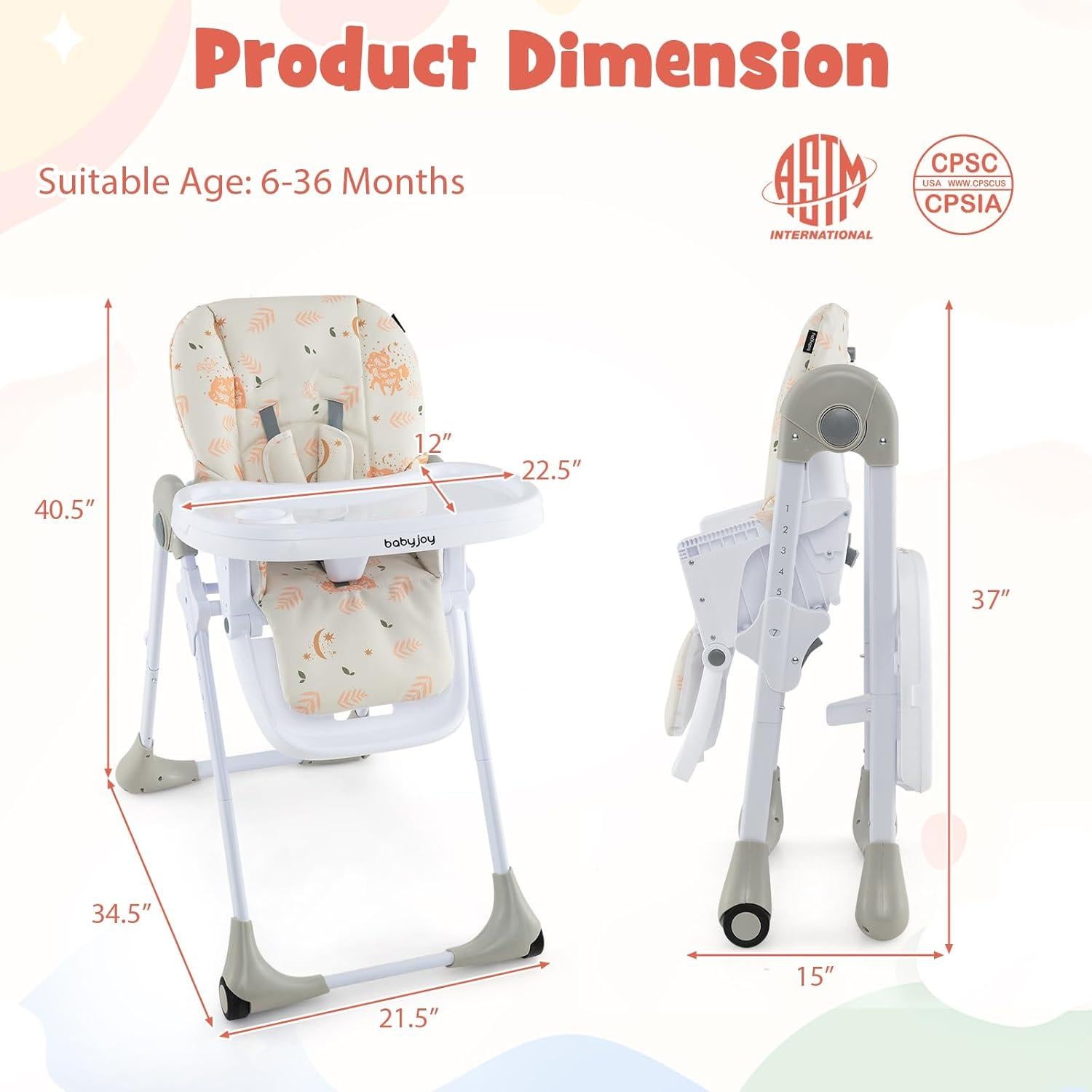Silla Alta Convertible Baby Joy Beige Bosque, Ajustable y Portátil