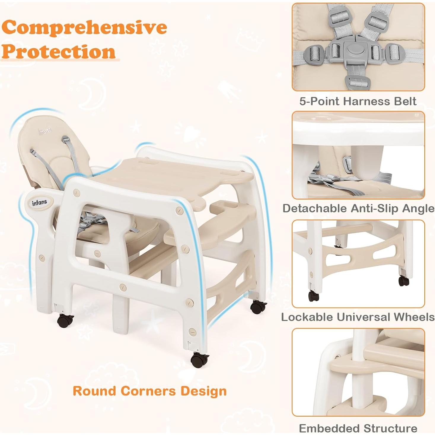 Silla Alta Multifuncional INFANS 5 en 1 Beige para Bebés
