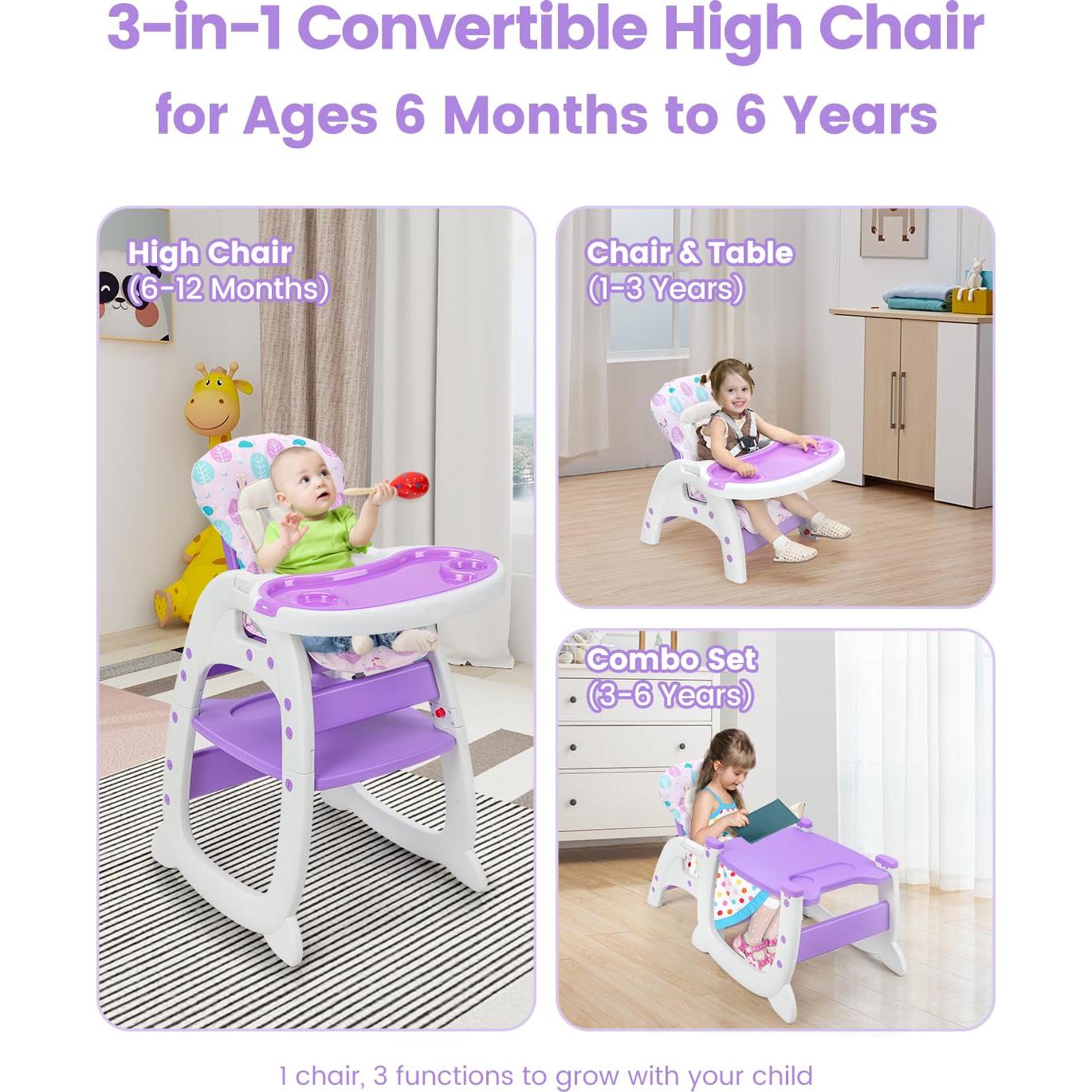 Silla Alta para Bebés SANDINRAYLI Ajustable Púrpura 3 en 1