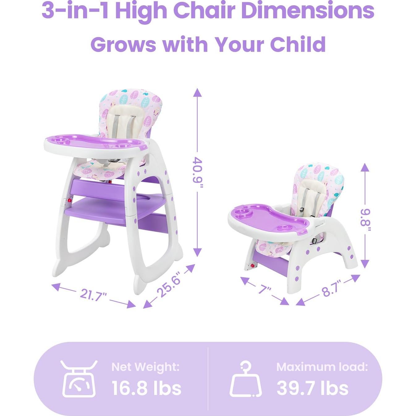 Silla Alta para Bebés SANDINRAYLI Ajustable Púrpura 3 en 1