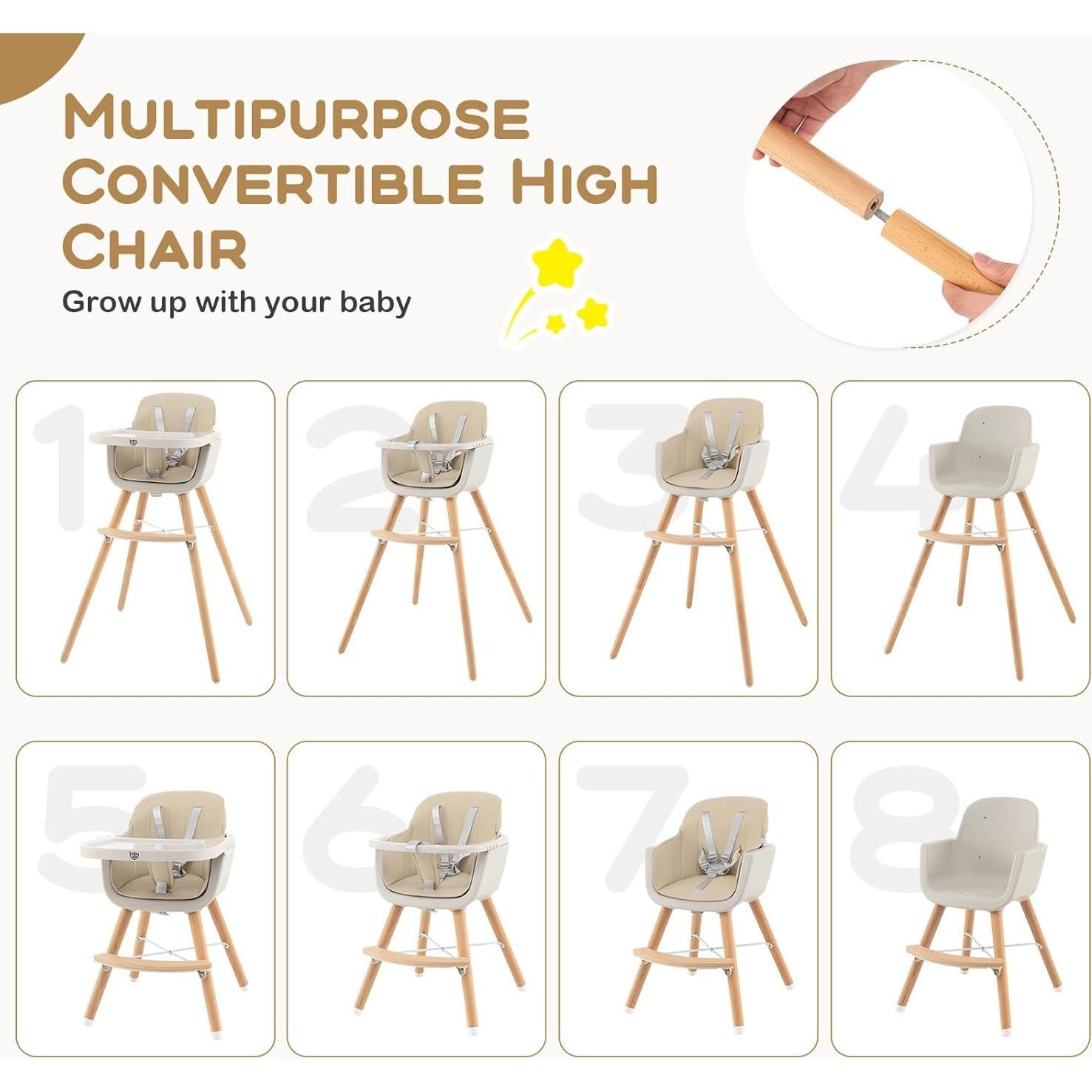 Silla Alta Convertible 3 en 1 BABY JOY Beige - Madera, Arnés 5 Puntos