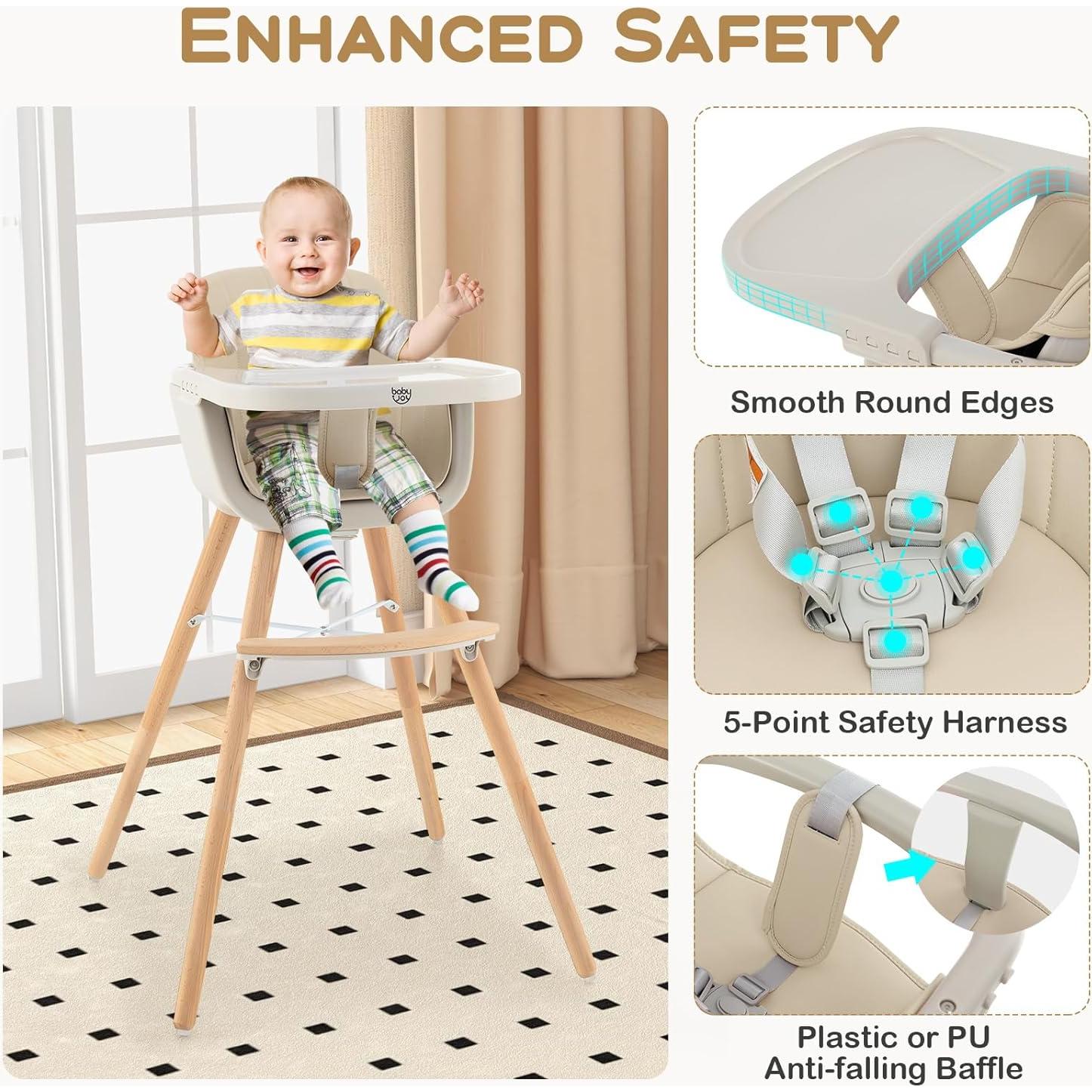 Silla Alta Convertible 3 en 1 BABY JOY Beige - Madera, Arnés 5 Puntos