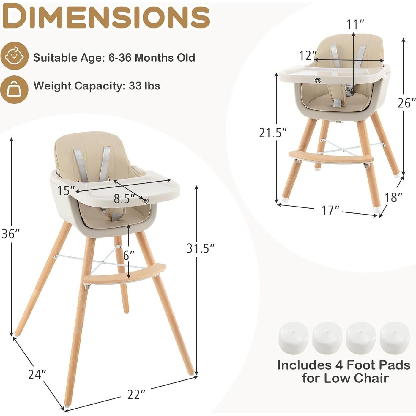 Silla Alta Convertible 3 en 1 BABY JOY Beige - Madera, Arnés 5 Puntos