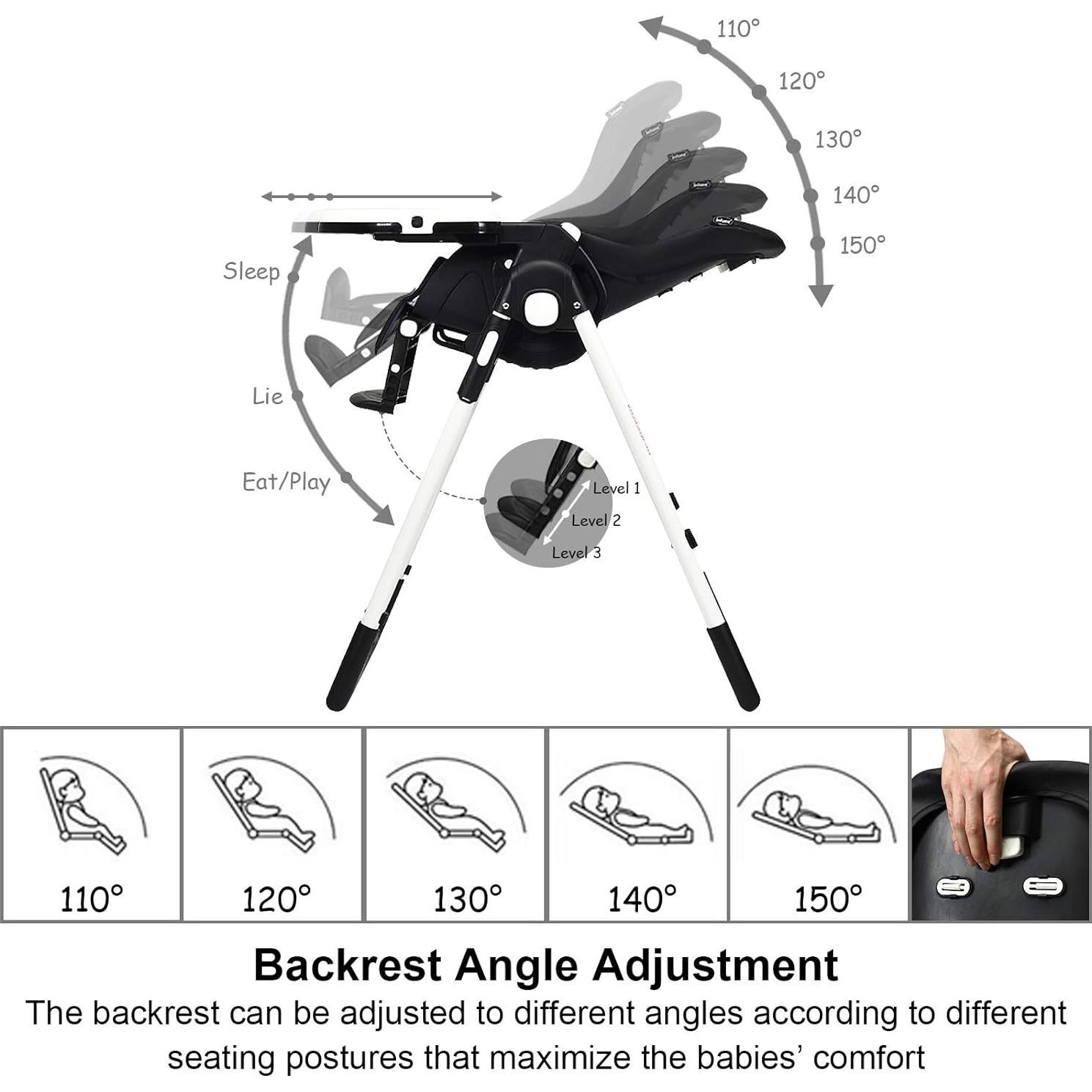 Silla Alta INFANS Plegable para Bebés y Niños - Ajustable, Negro