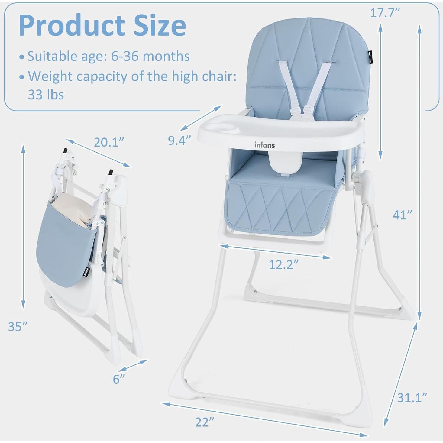 Silla Alta Plegable INFANS para Bebés Ajustable 6-36 Meses Azul