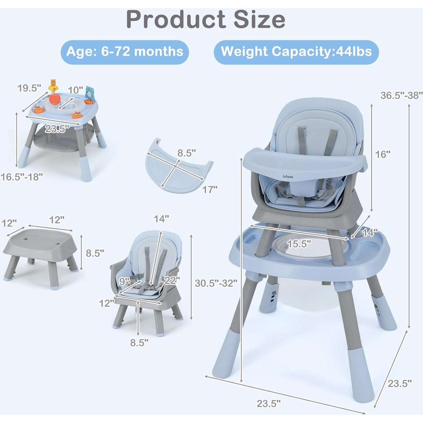 Silla Alta Multifuncional INFANS 9 en 1 para Bebés Azul
