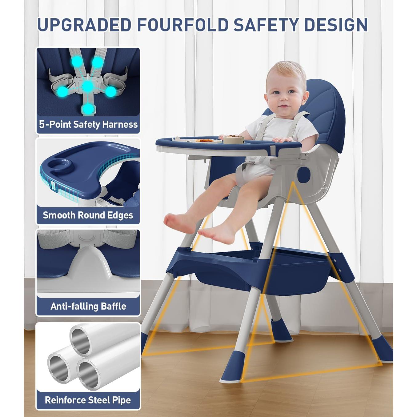 Silla Alta Plegable 5 en 1 ROUTTOON Azul Marino para Bebés