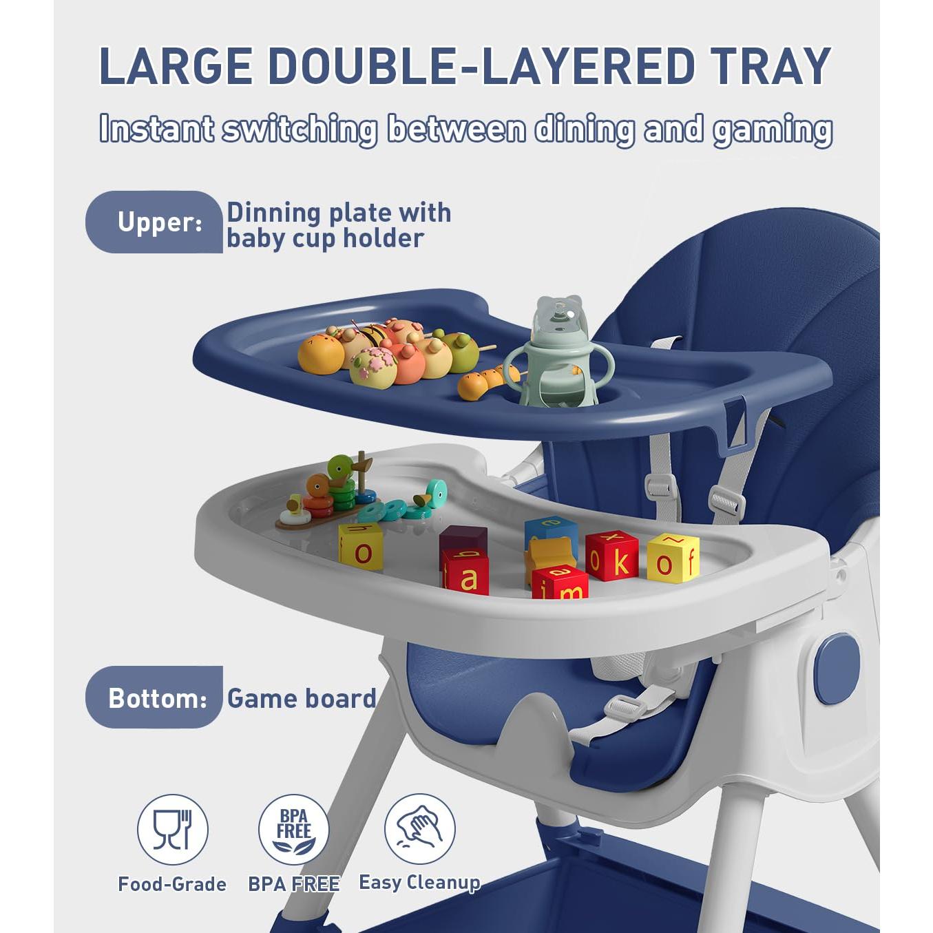 Silla Alta Plegable 5 en 1 ROUTTOON Azul Marino para Bebés