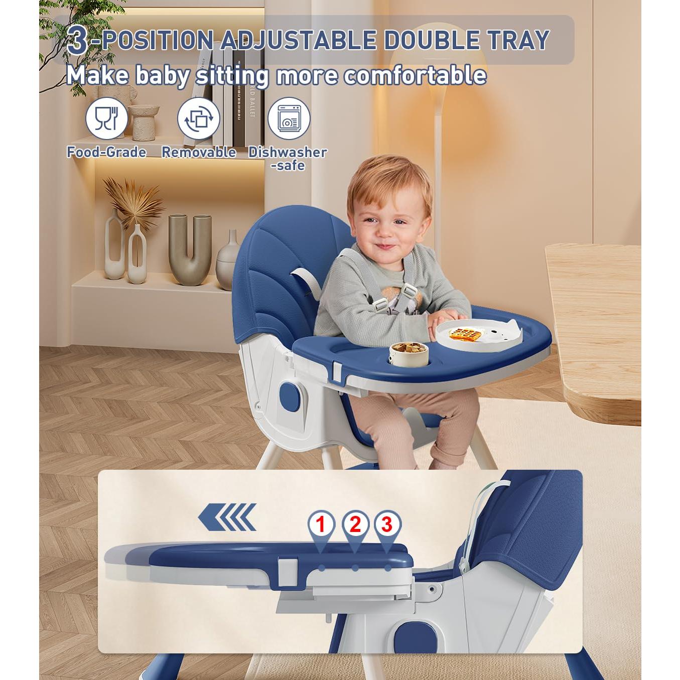 Silla Alta Plegable 5 en 1 ROUTTOON Azul Marino para Bebés