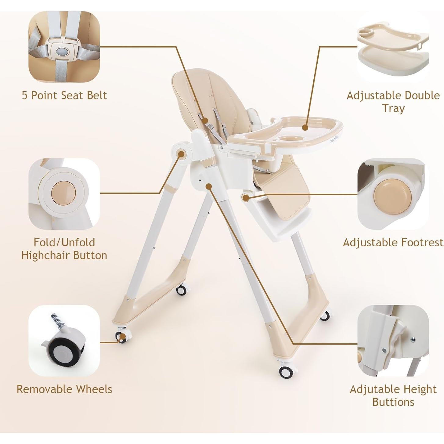 Silla Alta 3 en 1 Sunchildor Beige Ajustable y Plegable