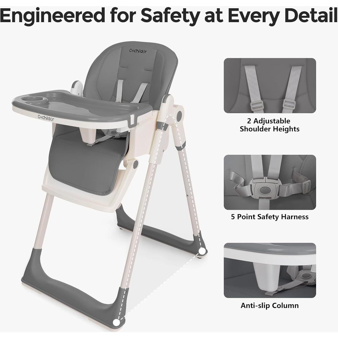 Silla Alta Plegable 3-en-1 Cochildor - Ajustable, Reclinable, Gris
