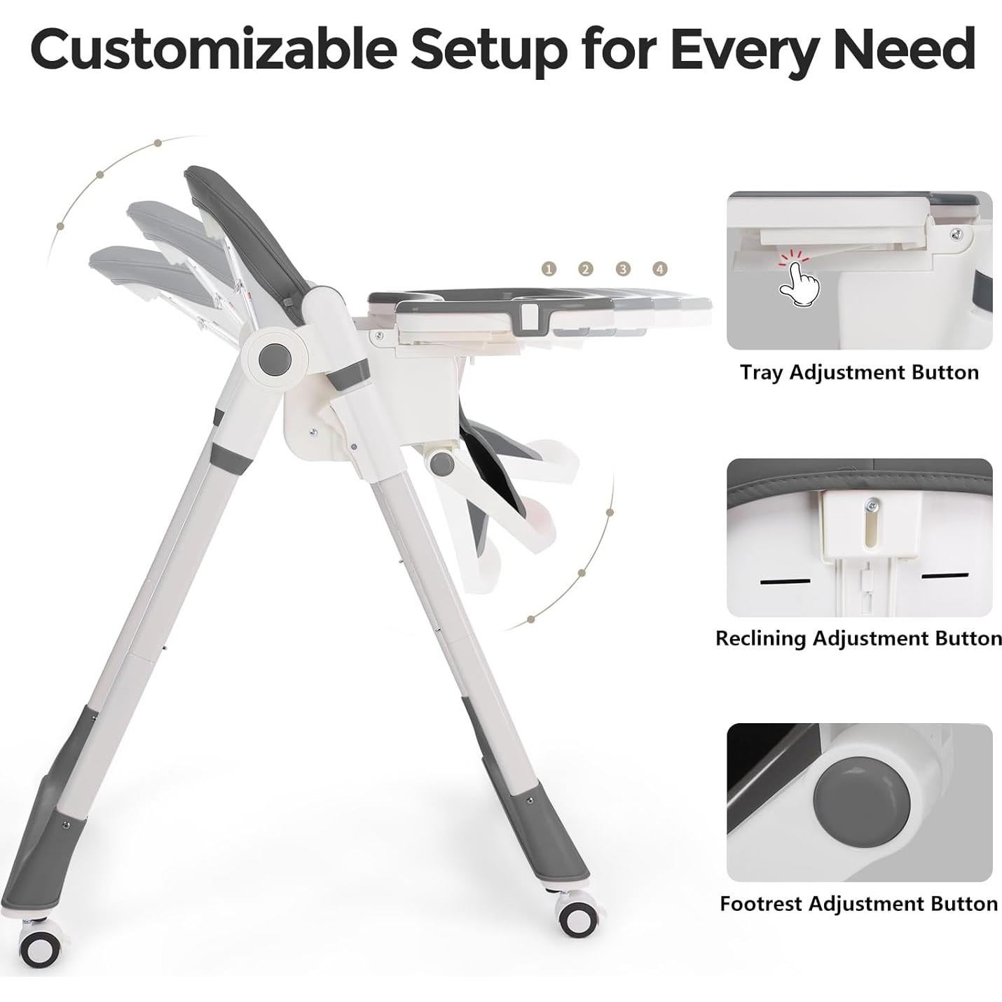 Silla Alta Plegable 3-en-1 Cochildor - Ajustable, Reclinable, Gris