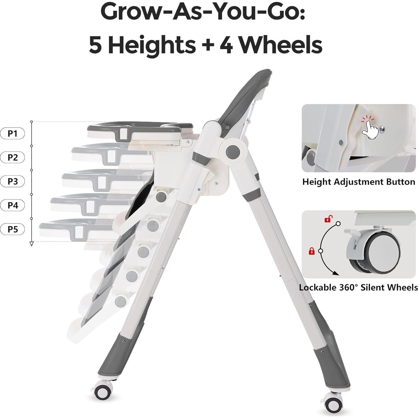 Silla Alta Plegable 3-en-1 Cochildor - Ajustable, Reclinable, Gris