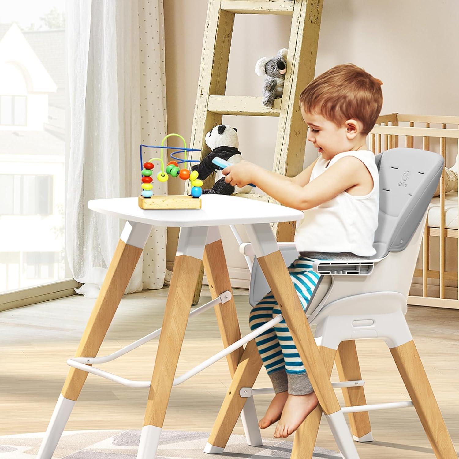 Silla Alta Convertible 8 en 1 para Bebés Gris - Madera de Haya