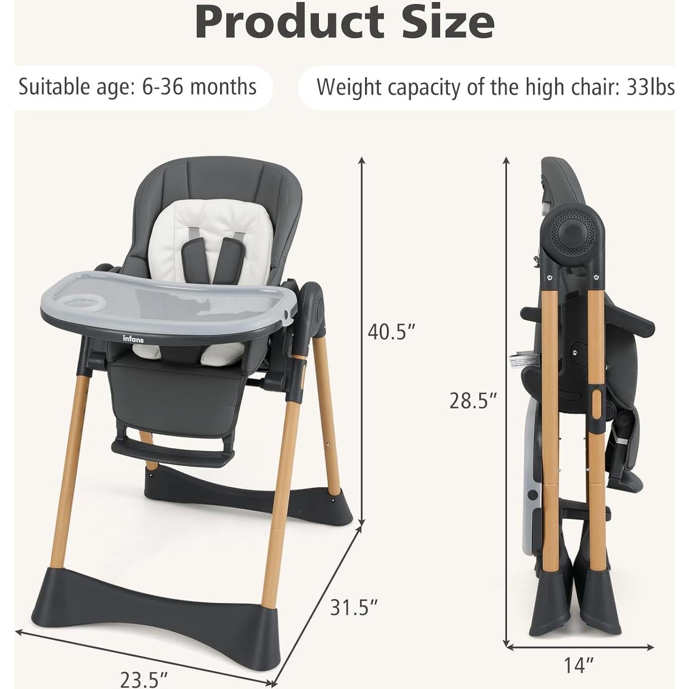 Silla Alta INFANS Plegable para Bebés Ajustable Gris Oscuro