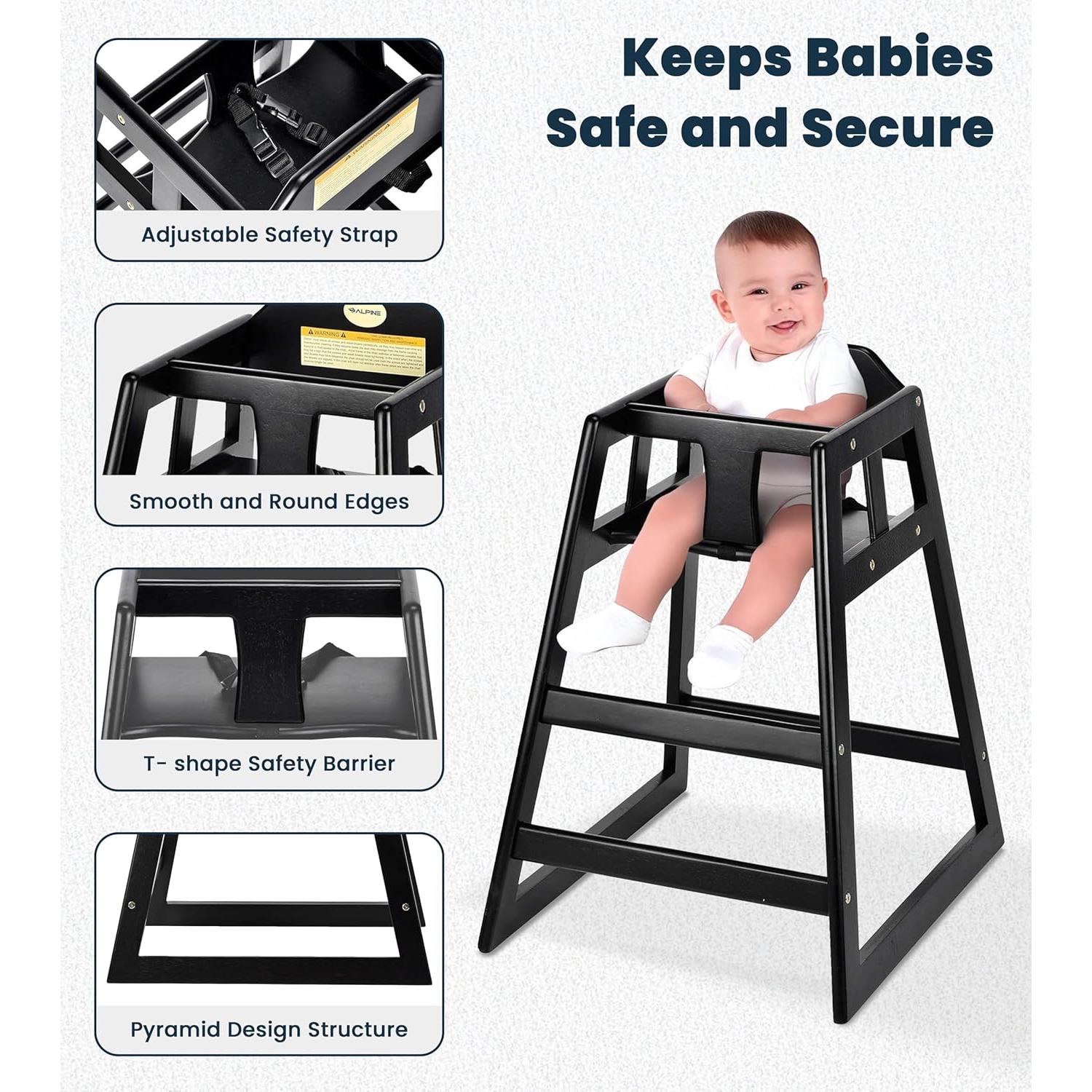 Sillas Altas de Madera Alpine para Bebés - 2 Paquete Negro